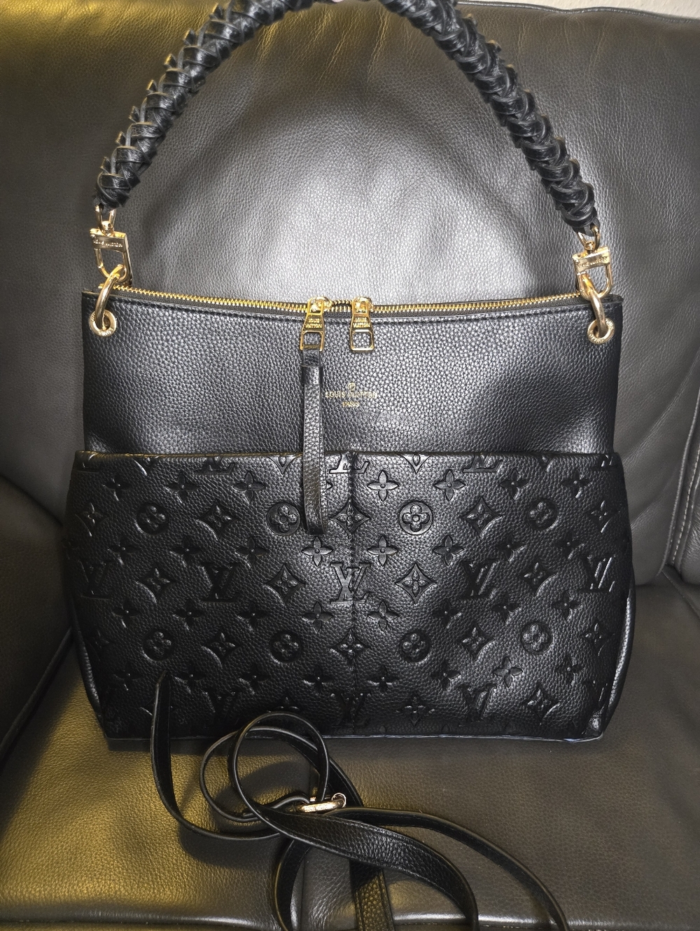 Inspired Black Embossed Faux Leather Top-Handle Bag with Gold Hardware